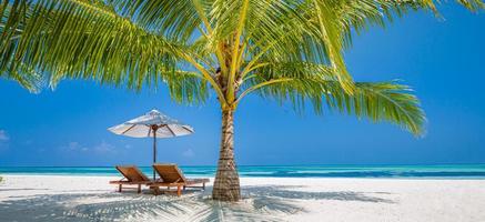 wunderschöne tropische Insellandschaft, zwei Sonnenliegen, Liegen, Sonnenschirm unter Palmen. weißer Sand, Meerblick mit Horizont, idyllischer blauer Himmel, Ruhe und Entspannung. inspirierendes Strandresorthotel foto