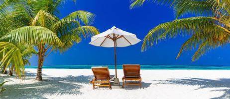 schönes tropisches strandbanner. Weißer Sand und Kokospalmen reisen Tourismus breites Panorama-Hintergrundkonzept. tolle Strandlandschaft. Farbprozess ankurbeln. Luxus-Insel-Resort-Urlaub oder Urlaub foto