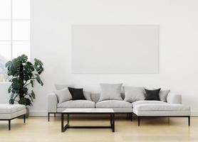 Leinwandrahmen-Fotomodell in sauberem, minimalistischem Zimmer mit braunem Sofa und 3D-Rendering der Pflanze