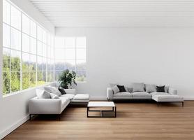 saubere minimalistische Wohnung mit weißer Wand und grauem Sofa 3D-Rendering foto