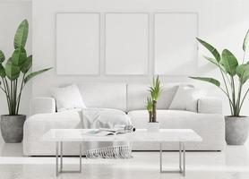 Leinwandrahmen-Fotomodell in sauberem, minimalistischem Zimmer mit braunem Sofa und 3D-Rendering der Pflanze