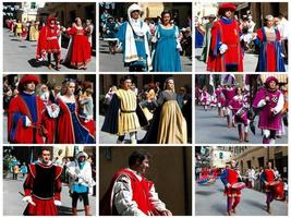 Sarteano, Toskana, Italien, 2010 - Fotocollage des mittelalterlichen Sarazenenturniers. giostra del saracino. Parade durch die Straßen von Sarteano vor dem Ritterturnier. Italien foto