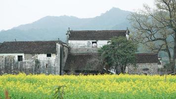 die schöne und alte traditionelle chinesische dorfansicht mit den umliegenden bergen in der landschaft des südlichen chinas foto