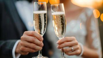 Paar Toasten mit Champagner und Strauß beim draussen Hochzeit Zeremonie foto