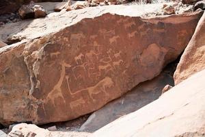 Buschmänner Petroglyphen bei Twyfelfontein. Design mit Giraffe, Löwe, Pferden und anderen Tieren. Namibia foto