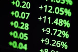 wachsende Börse Börsengewinn Trading Diagrammanalyse Investitionsindikator Geschäftsdiagramme der finanziellen Green Board-Nummer wachsen auf dem Display auf den Aktientrend auf foto