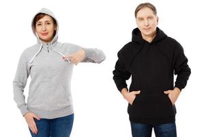 Frau und Mann im Hoodie Mock-up auf weißem Hintergrund Kopie Raum Vorlage isoliert. leeres Sweatshirt leere Vorlage foto