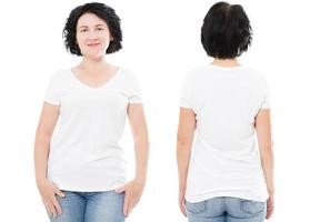 leeres T-Shirt Set vorne, hinten, hinten mit weiblich auf weißem Hintergrund - Frau foto