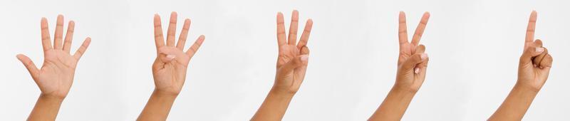 Frauenhand zeigen Finger. Fingerpunkte hautnah auf weißem Hintergrund. kopieren foto