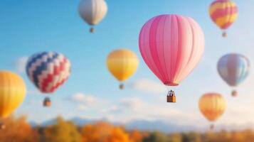 heiß Luft Luftballons hochfliegend im das Blau Himmel beim ein Herbst Festival im das Landschaft foto