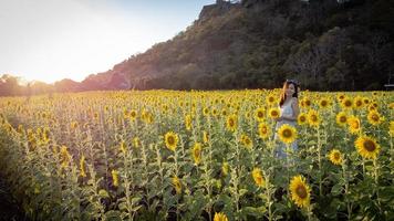 Fröhliches, fröhliches asiatisches Mädchen mit Sonnenblume, das die Natur genießt und im Sommer im Sonnenblumenfeld lächelt. foto