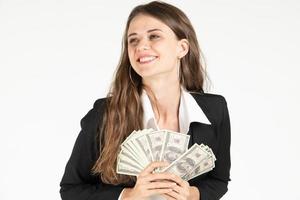 Geschäftsfrau reich und erfolgreich mit glücklichen Emotionen foto