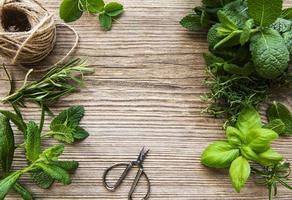 Mischung aus frischen Kräutern aus dem Garten auf einem alten Tisch foto