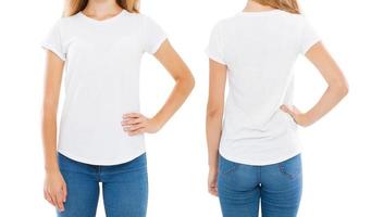 Vorder-Rücken-Ansichten Frauen-T-Shirt isoliert auf weiß, Frauen-T-Shirt, Mädchen-T-Shirt foto