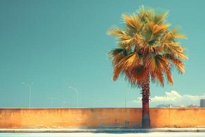 beschwingt Sommer- Palme Baum gegen Orange Mauer und Blau Himmel Ideal zum tropisch Dekor, Reise Poster, und Natur-Themen Designs foto