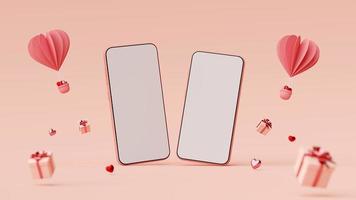 Valentinstag Banner Hintergrund des Smartphones mit Geschenkbox und Herzform Ballon, 3D-Rendering foto