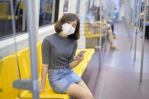 junge Frau trägt Schutzmaske in der U-Bahn, Covid-19-Schutz, Sicherheitsreisen, neue Normalität, soziale Distanzierung, Sicherheitstransport, Reisen im Rahmen des Pandemiekonzepts.