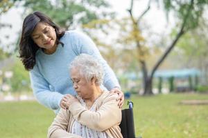 Hilfe und Pflege asiatische Senioren oder ältere alte Damen verwenden einen Walker mit starker Gesundheit, während sie im Park in einem glücklichen, frischen Urlaub spazieren gehen.