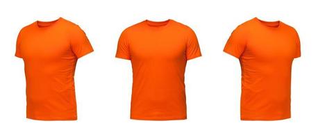 orangefarbenes ärmelloses T-Shirt. Shirt-Vorderansicht drei Positionen auf weißem Hintergrund foto