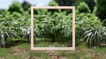Abstrakter Hintergrund von Mockup-Holzrahmen mit Gras für die Produktpräsentation, 3D-Darstellung foto