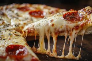 heiß frisch gebacken Peperoni Pizza mit schmelzen Käse serviert von ein hölzern Portion Tafel foto