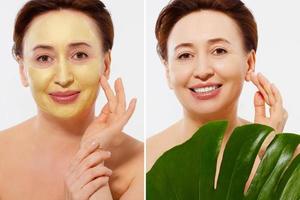 Nahaufnahme Frau mittleren Alters Gesicht vor nach Schönheitsmaskenbehandlung. Vorher-Nachher faltige Haut. sommer-anti-aging-kollagenmaske auf frau faltengesicht isoliert. Gesichtspflege im mittleren Alter. Wechseljahre
