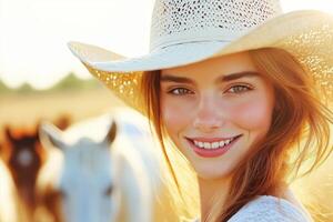 Cowgirl lächelnd und einstellen ihr Hut im ein sonnendurchflutet Weide mit Pferde Weiden lassen in der Nähe foto