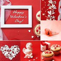 herzen, engel, paar vögel, glückwunsch, blumen, cupcakes auf rotem hintergrund. Valentinstag-Collage foto
