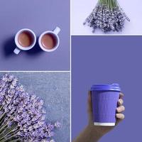 Fotocollage mit Kaffee- und Lavendelblüten in trendigen sehr knalligen Farben des Jahres 2022 foto