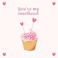 Liebe Konzept Cupcake mit Herzen im flachen Stil isoliert auf rosa Hintergrund. Vektor-Illustration. foto