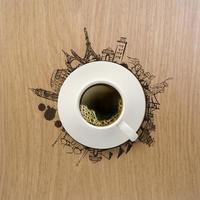 3D-Tasse Kaffee, die als Konzept um die Welt reist foto