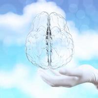 Arzthand, die menschliches Gehirn des Glases 3d auf Naturhintergrund als Konzept zeigt