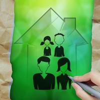 Handzeichnung 3D-Haus mit Familiensymbol als Versicherungskonzept foto