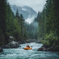 Rafting durch ein neblig Berg Fluss Schlucht foto