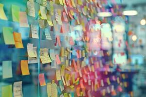 kreativ Mannschaft Brainstorming mit klebrig Anmerkungen auf Glas Mauer im Büro foto