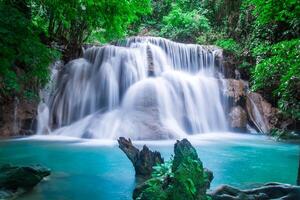 Schöner Wasserfall und grüner Waldruheplatz und Zeit zum Entspannen foto