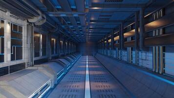 Abstrakter Hintergrund des Sci-Fi-modernen futuristischen Raumschiff-Tunnelkorridors, 3D-Darstellung foto