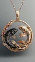 golden Anhänger mit zwei Koi Fisch Umarmen Yin Yang Symbolismus foto