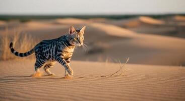 Bengalen Katze Gehen durch majestätisch Wüste Dünen beim Sonnenuntergang zum exotisch Abenteuer Inspiration foto