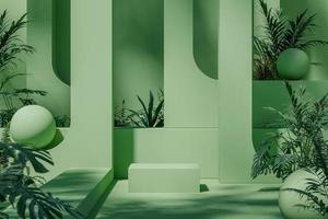 abstrakte mockup-szene, grüne bogenwandplattform und tropische pflanzen. 3D-Rendering foto