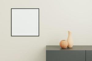 Quadratisches schwarzes Poster oder Fotorahmenmodell mit Vase auf dem Schreibtisch im Wohnzimmer. 3D-Rendering. foto