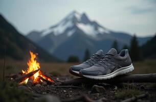 Wandern Stiefel Trocknen durch das gut aussehend Feuer, Zelt Lager im das Berge foto