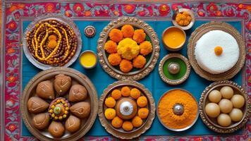 Overhead Aussicht von ein beschwingt Puja Thali mit Süßigkeiten, Blumen, und Angebote. foto