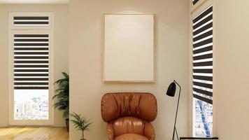3D-Render-Mockup mit leerem Rahmen in moderner minimalistischer Innenarchitektur des Wohnzimmers foto