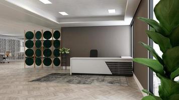 moderner büroempfangsraum in 3d-rendering-modell - realistische büroinnenarchitektur foto
