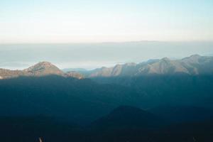 Morgenlicht und Berge, Berge im Sommermorgen und Frühlingsblumen foto