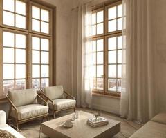 modernes innendesign im japandi-stil wohnzimmer. lichtdurchflutete und sonnige Wohnung mit großen Fenstern und Blick auf das Stadtbild. 3D-Darstellung. foto