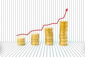 Ansteigende Stapel von Goldmünzen mit steigendem Diagramm. Finanz- und Sparkonzept. foto