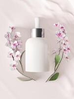 Ein Modell einer realistischen weißen, leeren, sauberen Körperlotionsflasche, die auf hellem Hintergrund mit Blumen isoliert ist, 3D-Rendering, 3D-Illustration foto