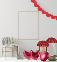 Ein Mock-up-Plakatrahmen im modernen Innenhintergrund neben dem Stuhl im Schlafzimmer mit Ballon-Valentinsdekoration in Liebesform, 3D-Rendering, 3D-Illustration foto